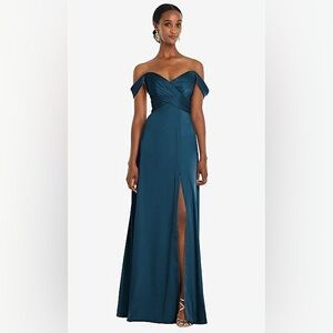 NWOT Dessy Collection Off Shoulder Satin Gown with Slit in Atlantic Blue